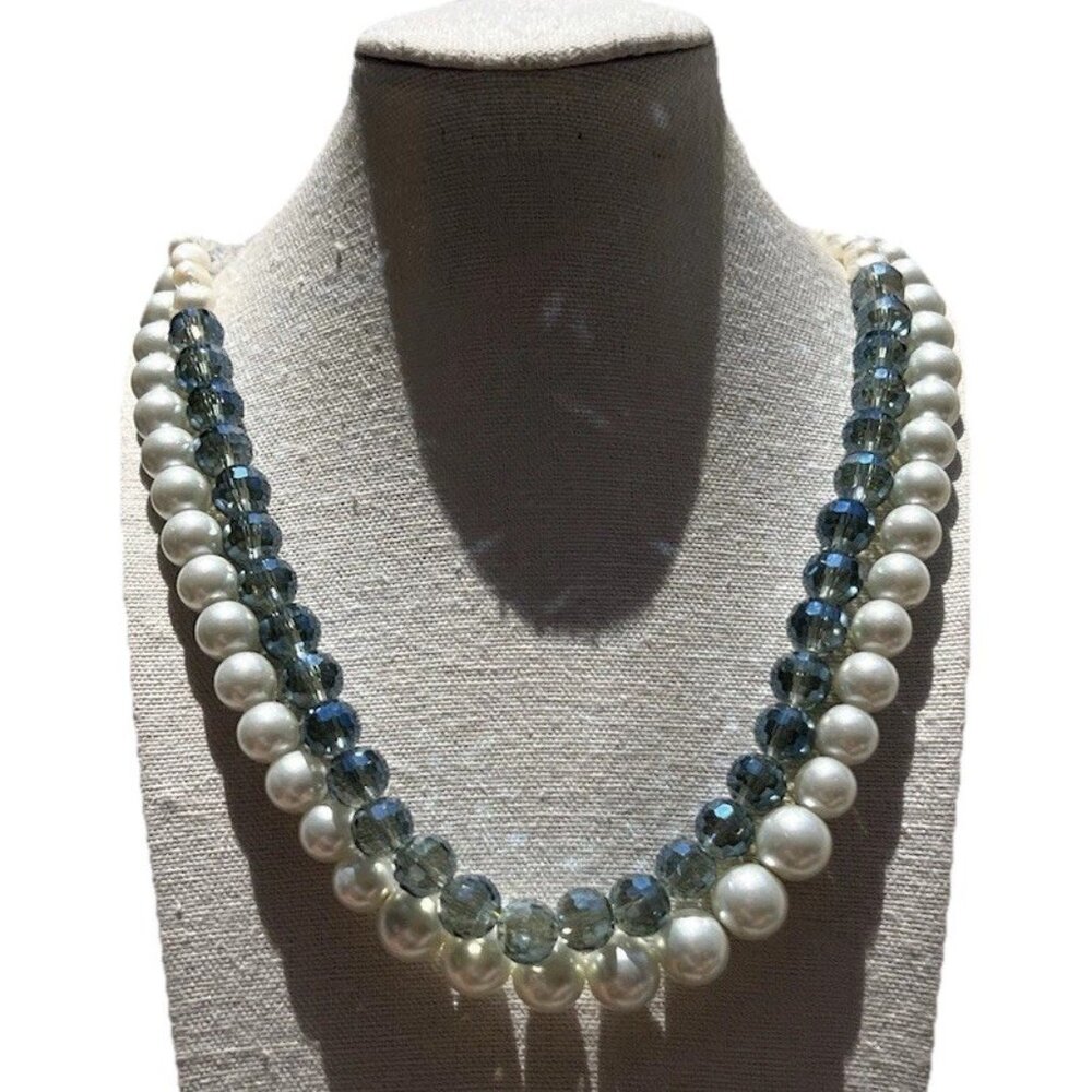 Vintage Layered Pearl Multi Layered White Blue Bead Round Glass Necklace Sz 22”